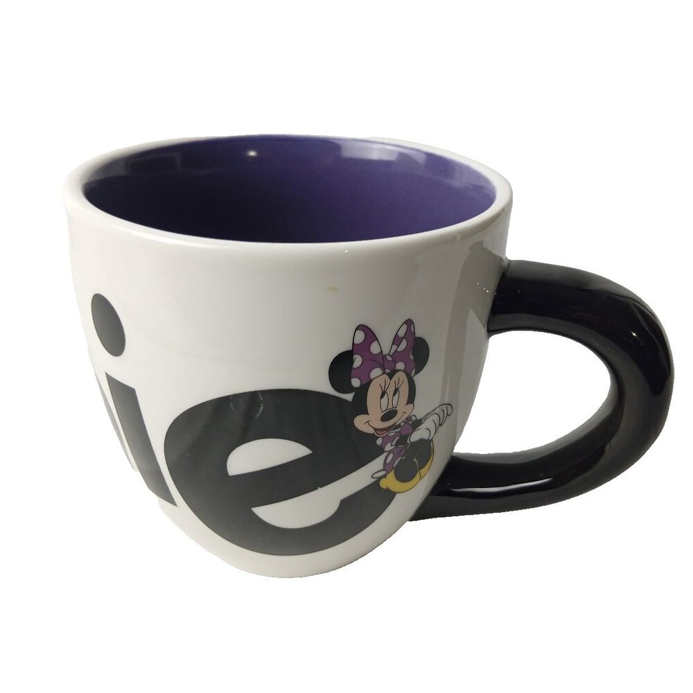 Disney Parks Minnie Mouse Large Ceramic Coffee Mug 20 oz Spellout White Purple